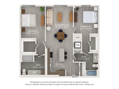 A floor plan of a small apartment with a kitchen, living room, and two bedrooms.